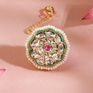 22K Gold-Plated White Kundan & Ruby Pink Stone Studded Borla MaangTikka with Pearl Border