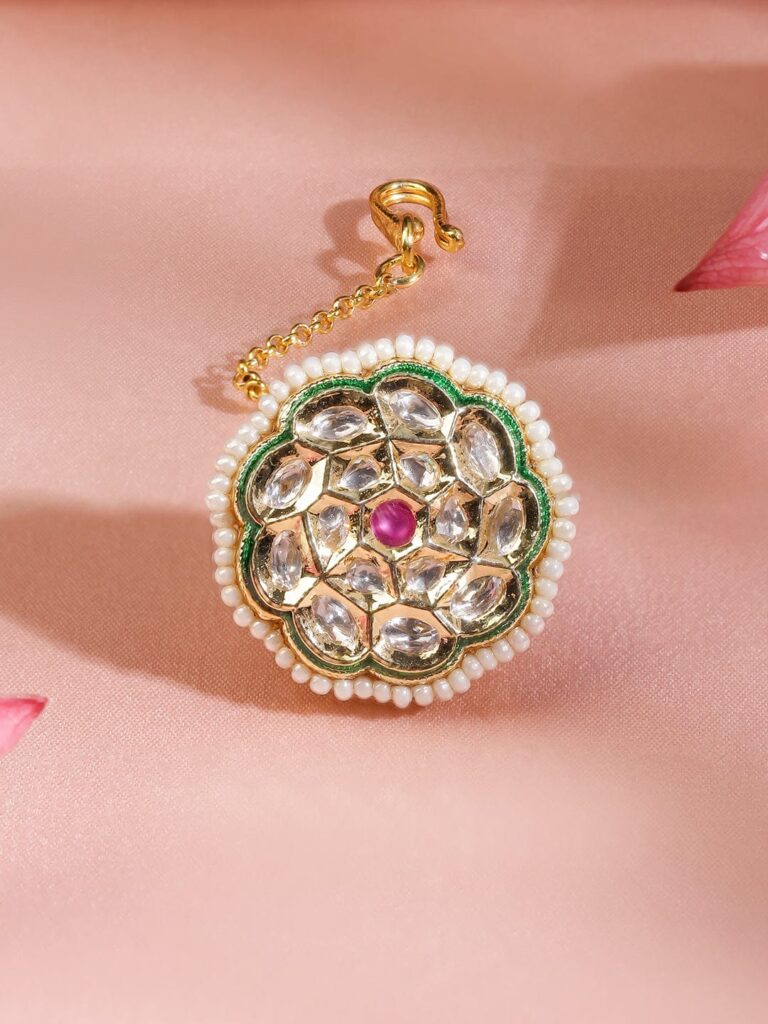 22K Gold-Plated White Kundan & Ruby Pink Stone Studded Borla MaangTikka with Pearl Border