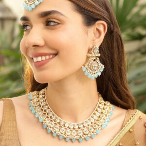 22K Gold-Plated White Kundan Studded & White Pearls & Blue Bead Drops Handcrafted Bridal Necklace Set - Blue
