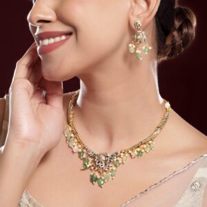 22K Gold-Plated with Green Beads, Pearls & Cubic Zirconia Temple Jewellery Set