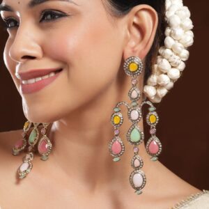 22K Mehandi Gold-Plated Multicolor Gemstone & Zirconia Studded Chandelier Earrings
