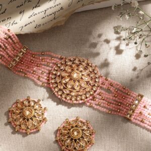 22k mehndi Gold plated Dazzling Reverse AD pastel pink beaded choker set - Gold::Pink