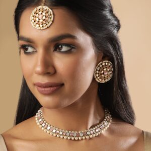 22K Mehndi Gold plated pastel pink & mirror studded pearl beaded choker Set - Gold