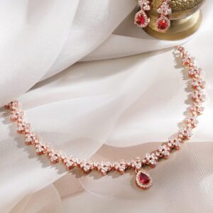 22K Rose Gold-Plated Ruby Pink & White Cubic Zirconia Studded Necklace Set with Earrings - Rose Gold