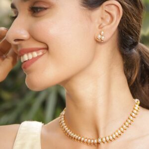 22KT Gold Plated Stylish Pearl Studded Oval Link Design Choker Necklace Set - Ruby Pink