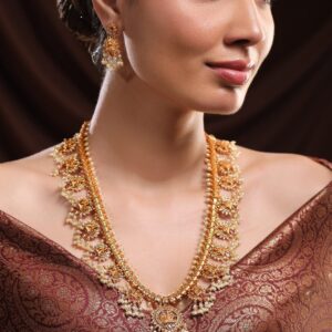 24K Gold-Plated Divine Lakshmi Temple Necklace Set with Ruby Stones & Pearls - Ruby