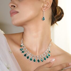 24K Gold-Plated Emerald AD & Cubic Zirconia Studded Statement Necklace Set