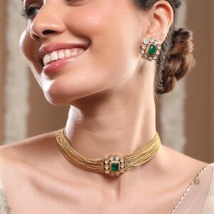 24K Gold-Plated Emerald Green & Kundan Studded Choker Set with Floral Stud Earrings - Green