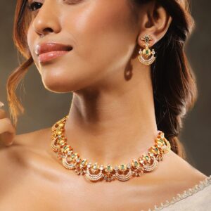 24K Gold-Plated Emerald Green, White Cubic Zirconia & Pearl Beaded Temple Jewellery Set in Crescent Motif Design for Women