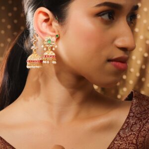 24K Gold-Plated Emerald & Ruby Pink Kundan Studded Floral Jhumka Ear Cuff Earrings - Multicolor