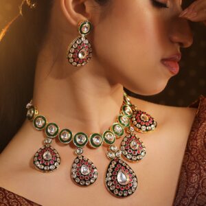 24K Gold-Plated Green & Black Enamel Border Ruby Pink & White Kundan Necklace Set