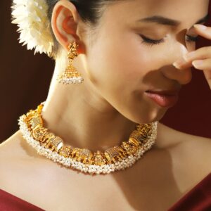 24K Gold Plated Handcrafted Divine Lakshmi Temple Jewelry Set with White Pearl Bead - Gold