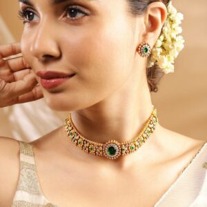 24K Gold Plated Handcrafted Emerald & Cubic Zicronia Studded Choker Jewellery Set