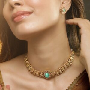 24K Gold Plated Handcrafted Mint Green & White Cubic Zirconia Studded Choker Set - Green