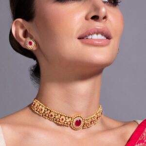 24K Gold Plated Handcrafted Ruby & Cubic Zicronia Studded Choker Jewellery Set - Gold
