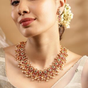 24K Gold Plated Handcrafted Ruby & Emerald Studded & Pearl Beaded Jewellery Set - Gold