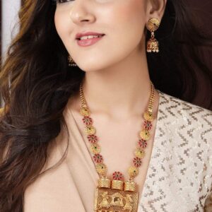 24K Gold Plated Handcrafted Ruby Stone Temple Necklace Set - Gold