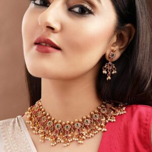 24K Gold Plated Handcrafted Ruby Stone Temple Necklace Set - Gold