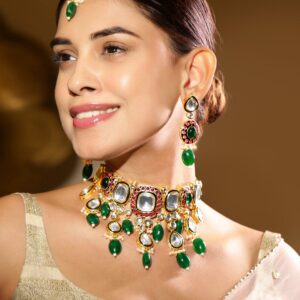 24K Gold-Plated Kundan & Green Beaded Choker Necklace Set with Red Stone Accents