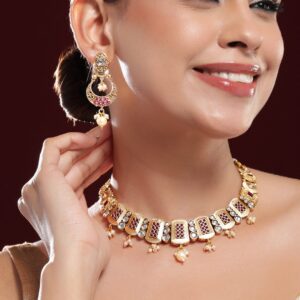 24K Gold-Plated Ruby, Kundan Studded & Pearl Drops Rectangle Motif Necklace Set - Gold