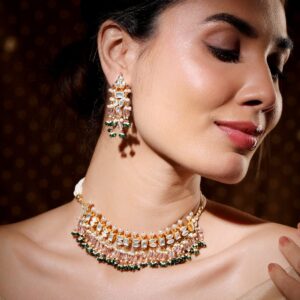 24K Gold-Plated Pachi Kundan Studded Choker Set with Champagne Beads & Green Accents