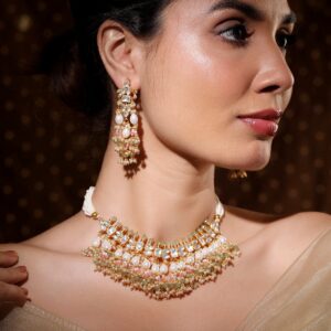 24K Gold-Plated Pachi Kundan Studded Choker Set with Pastel Pink & Green Beads & Pearl Drops