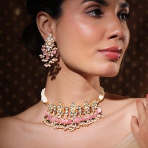 24K Gold-Plated Pachi Kundan Studded Choker Set with Pink Beads & Pearl Accents