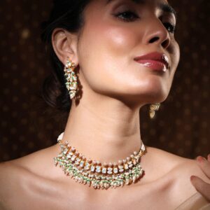 24K Gold-Plated Pachi Kundan Studded Necklace & Earrings Set with Pearl & Green Bead Details