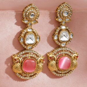 24K Gold-Plated Pink Gemstone & Crystal White Cubic Zirconia Peacock Motif Drop Earrings