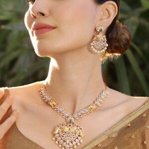 24K Gold-Plated Ruby & Emerald Cubic Zirconia Studded Handcrafted Traditional Jewelry Set with Pearls Accents