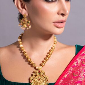 24K Gold Plated Ruby & Emerald Stones and Pearl & Golden Beads Temple Jewelry Set - Gold