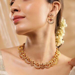 24K Gold-Plated Ruby Pink & Cubic Zirconia Studded Temple Necklace Set with Chandbali Earrings - Gold