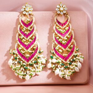 24K Gold-Plated Ruby Pink Kundan & Green Beaded Handcrafted Shoulder Duster Earring - Multicolor