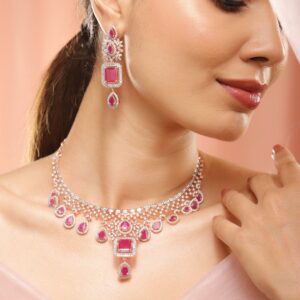 24K Rose Gold Plated Ruby Pink Sapphire & Cubic Zirconia Studded Handcrafted Premium Jewellery Set - Pink