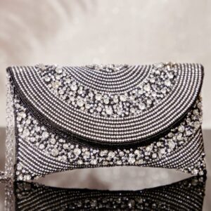 Handcrafted Black Sling Bag with Intricate Bead Embroidery & Sparkling AD Stone - Black