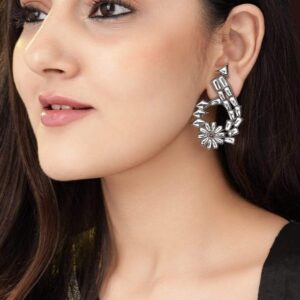 Black Metal Handcrafted Floral Drop Earrings - Black metal