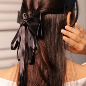 Black Satin Bow Hair Clip with Flowing Ribbon Strands for Elegant & Stylish Look - Black