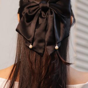 Black Satin Bow Hair Clip with Pearl Drop Detailing for Elegant & Chic Styling - Black