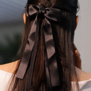 Black Satin Ribbon Bow Hair Clip – Elegant & Chic Long-Tail Hair Accessory - Black
