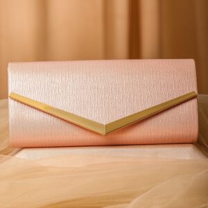 Blush Pink Shimmery Glossy Envelope Clutch with 24K Gold-Tone Chevron Accent - Pink