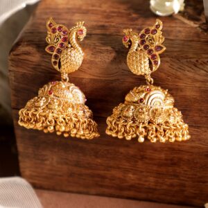 Celestial Plumage 22k Gold plated Jhumka Earrings with Peacock Charm - Gold