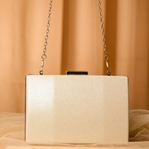 Champagne Gold-Tone Glossy Box Clutch with Metal Chain & Luxe Finish - Cream