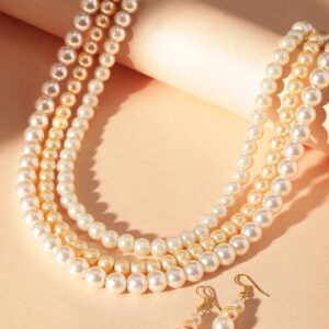 Cream Pearl beaded triple layer necklace Set - Gold