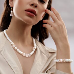 Cream Pearl & Crystal Beaded Classy Necklace Set - Cream