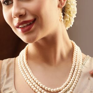 Cream Tri Layer Pearl Beaded Choker Necklace Set - White