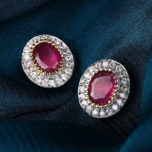 CZ and Faux Ruby Studded Stud Earrings - Pink