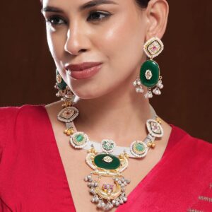 Dual Plated Kundan-Studded & Beaded Necklace and Earrings - Gold