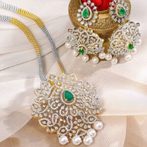 Dual-Tone Gold & Silver Plated Emerald Green & Cubic Zirconia Studded Necklace Set with White Pearls