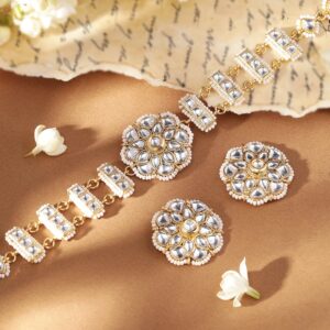 Ethereal Elegance 22K Gold Plated Kundan and Pearl beaded Choker jewelry Set - Gold