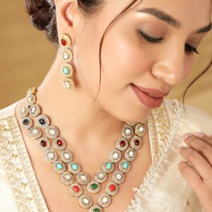 Ethereal Layers: Reverse AD & Kudan Stone Layered Necklace Set - Multi Color